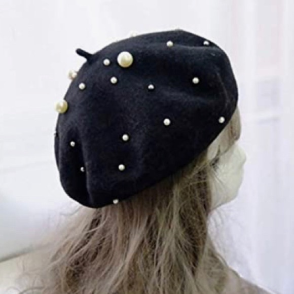 Cashmere Beret (Beaded) in Ivory or Black with White Simulated Pearls main image 4